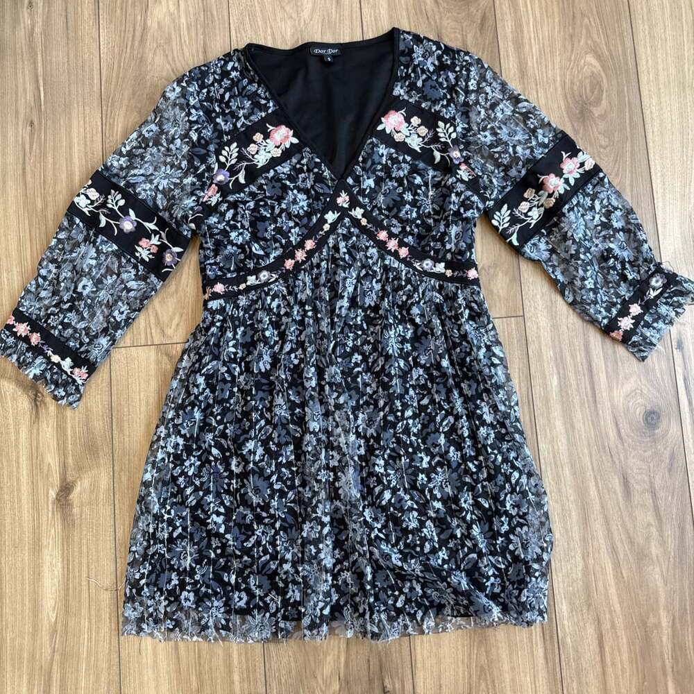 Dor Dor Couture Lace Floral Embroidered Boho Dress Women's Size S Black Lined